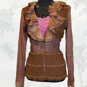 Y2K Young Essence Brown and Pink Ruffled Blouse